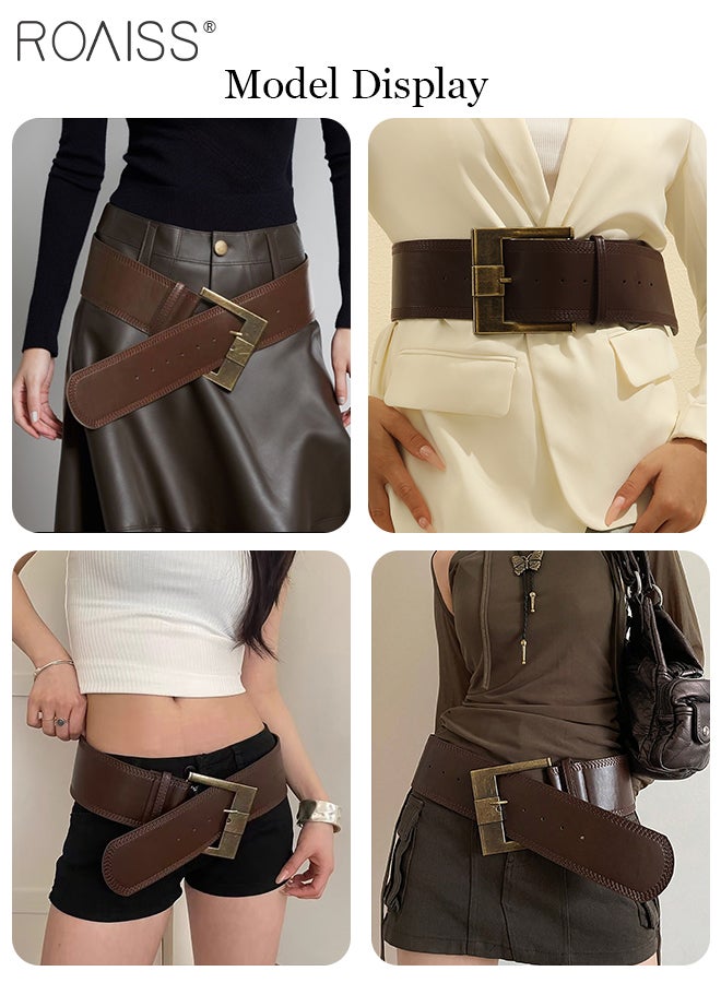 roaiss Women's Retro Brown Wide Buckle PU Belt, Simple and Versatile Decorative Belt,Formal Shirt Jacket Waist Belts Suitable for Women Jeans, Sweaters, Suits, Dresses - Image 2