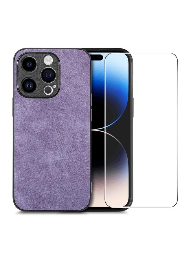 The Bros Case For iPhone 15 Pro Retro Leather Skin PC Phone Case with High Aluminum-silicon Glass Film