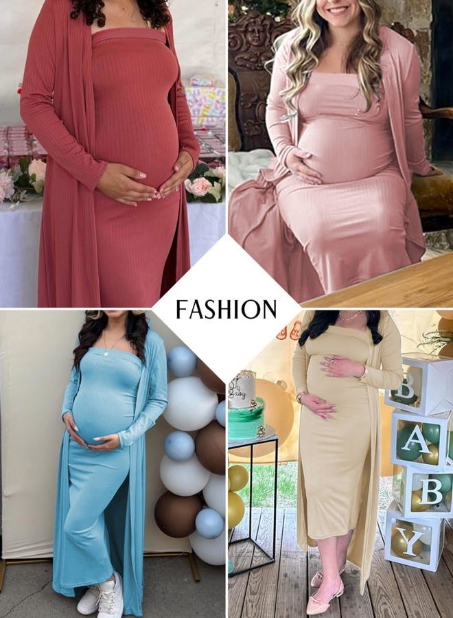 Ecavus Maternity Tube Dress Long Cardigan 2 Piece for Baby Shower and Wedding Guest Ribbed Maternity Photoshoot Dresses, Red Wood, XL - Image 2
