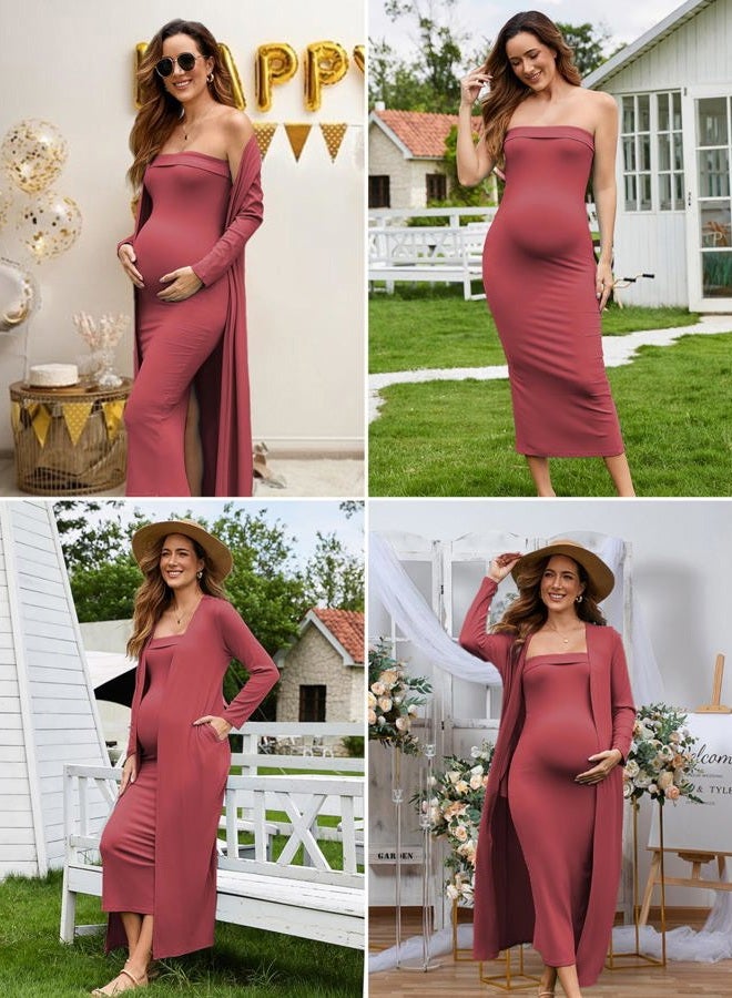 Ecavus Maternity Tube Dress Long Cardigan 2 Piece for Baby Shower and Wedding Guest Ribbed Maternity Photoshoot Dresses, Red Wood, XL - Image 4