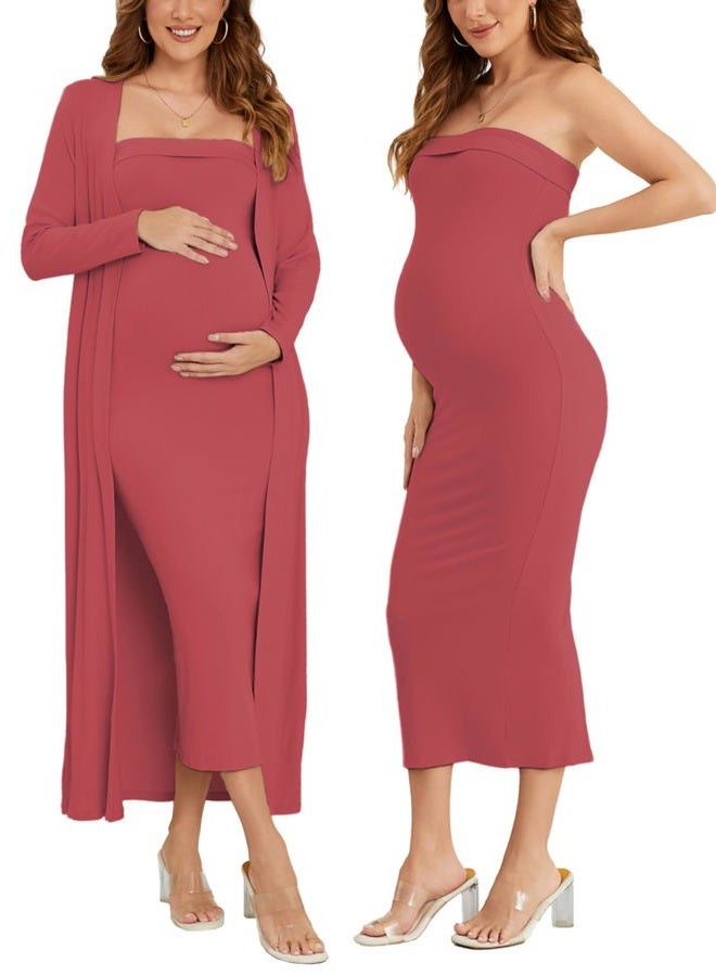 Ecavus Maternity Tube Dress Long Cardigan 2 Piece for Baby Shower and Wedding Guest Ribbed Maternity Photoshoot Dresses, Red Wood, XL - Image 1