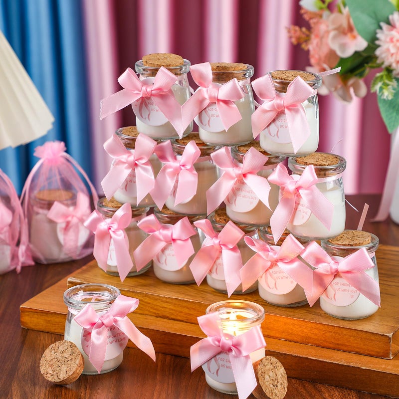 Threlaco 20 Pcs Bow Baby Shower Favors Party Candle Lavender Scented Glass Mason Jar Wax Candle Bulk for Guests Girl Boy Gender Reveal Party Gifts(Pink) - Image 3