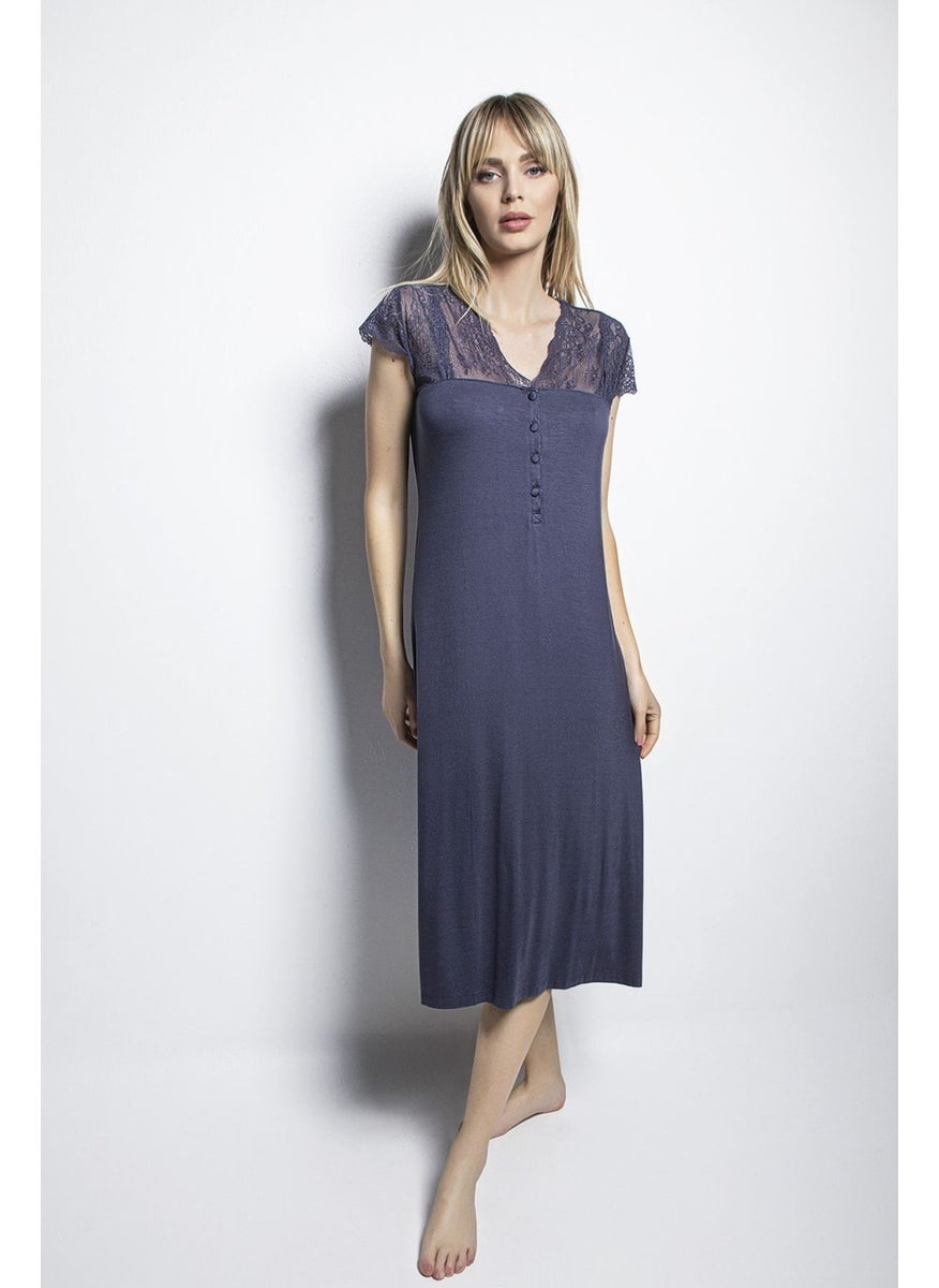 Monamise 18454 Plus Size Women's Navy Blue Half Placket Laced Battal Nightgown  - Image 1
