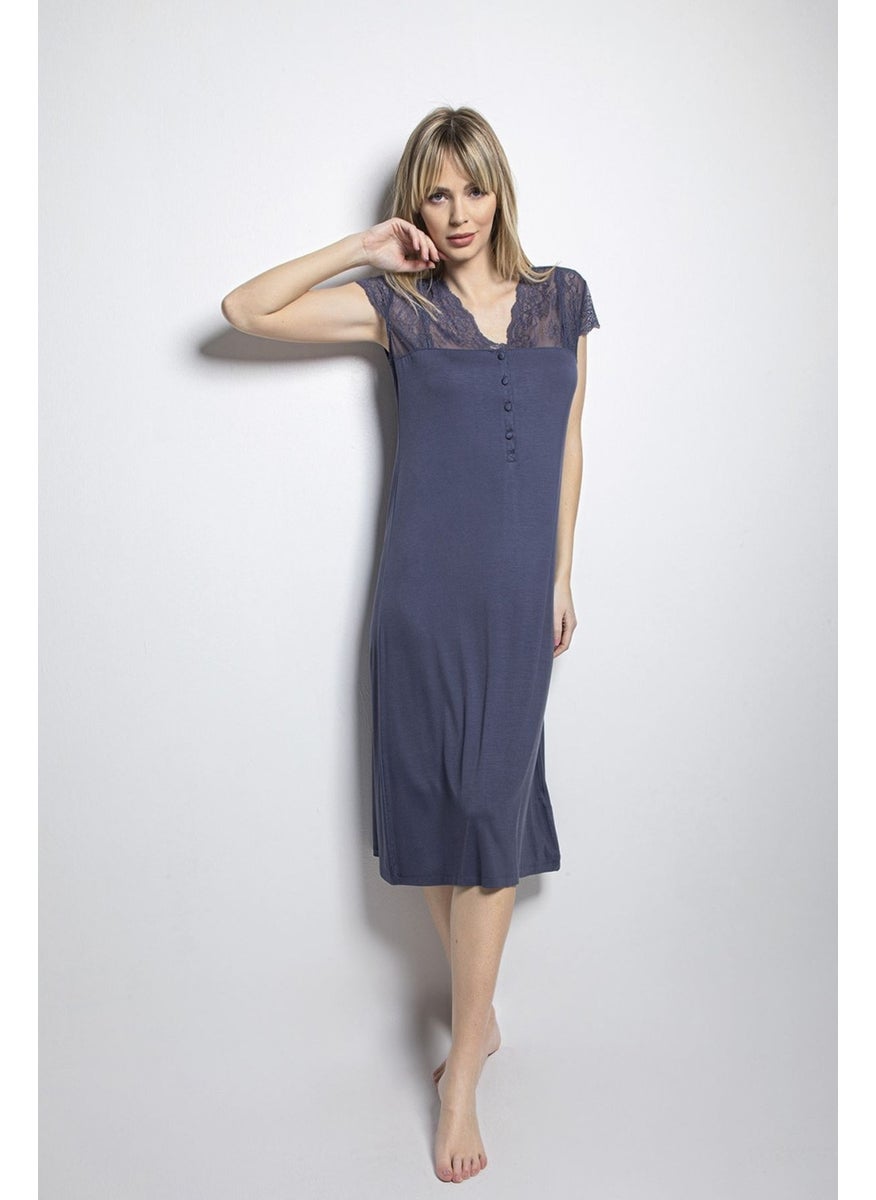 Monamise 18454 Plus Size Women's Navy Blue Half Placket Laced Battal Nightgown  - Image 4