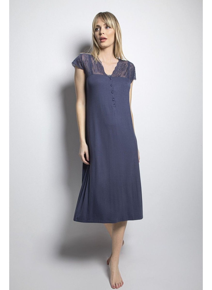 Monamise 18454 Plus Size Women's Navy Blue Half Placket Laced Battal Nightgown  - Image 3
