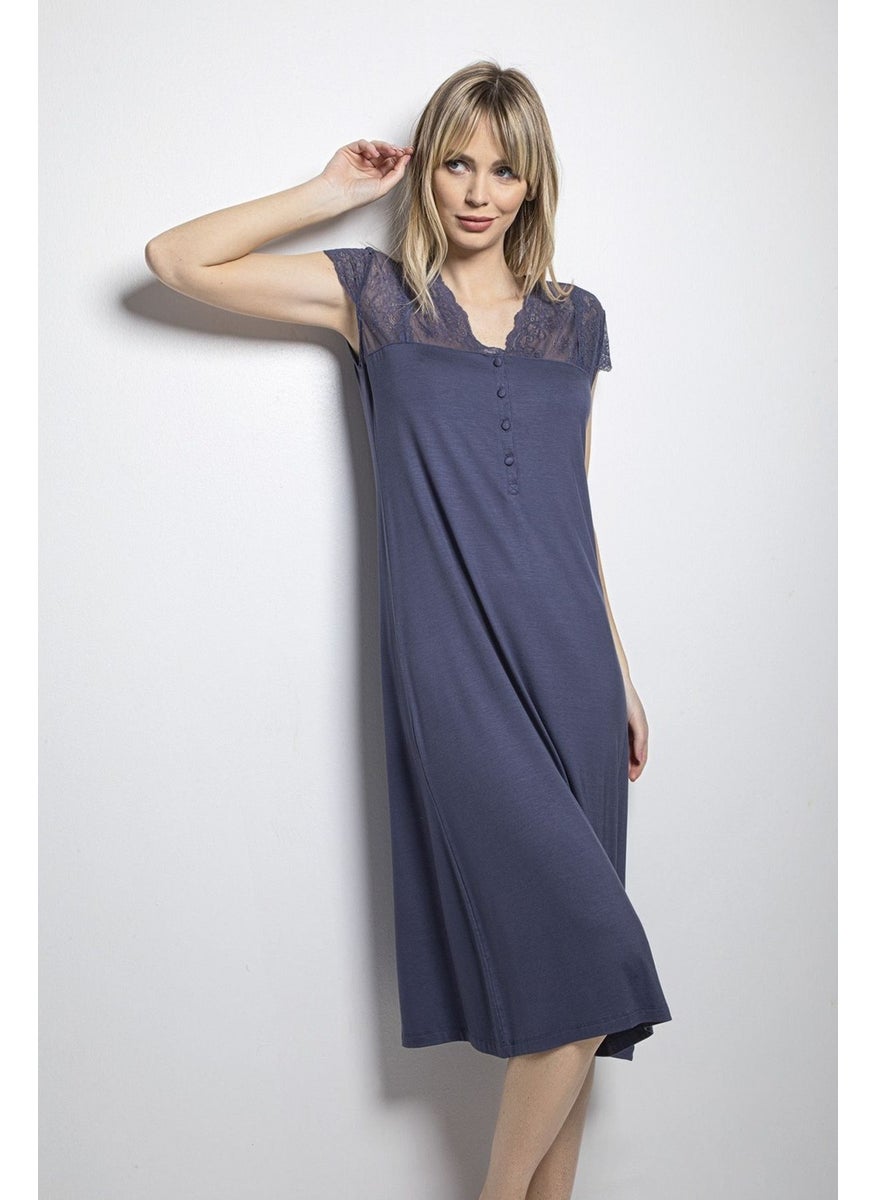 Monamise 18454 Plus Size Women's Navy Blue Half Placket Laced Battal Nightgown  - Image 2