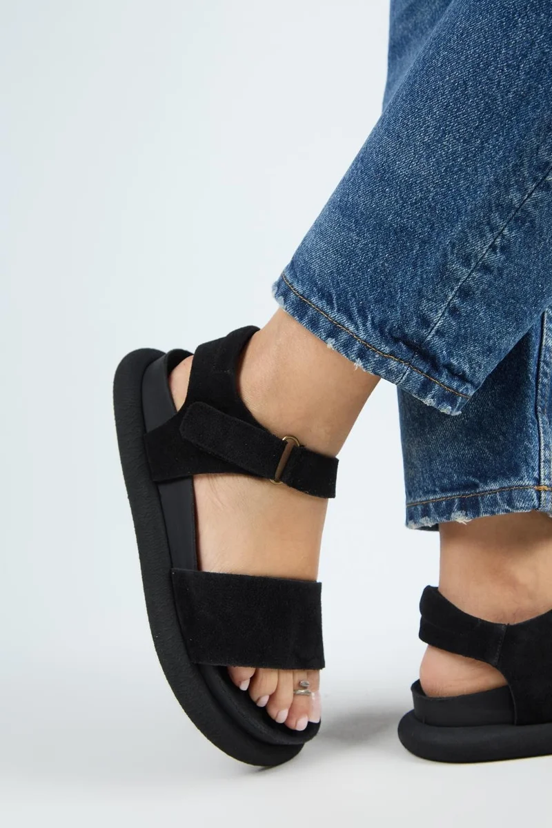 Manijero Manijero Bronx Women's Genuine Leather Strap-On Velcro Black Sandals