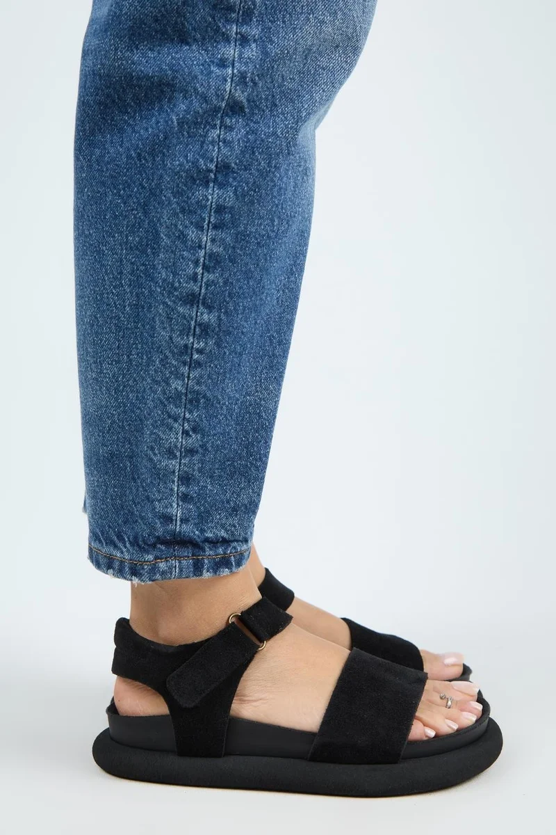 Manijero Manijero Bronx Women's Genuine Leather Strap-On Velcro Black Sandals