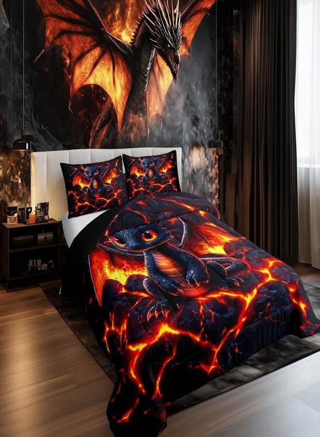 Man Fei Dragon Comforter Set Twin Size,Volcano Eruption 3D Red Lava Flame Print Bedding Set 2 Pcs for Boys Girls,Cute Black Dragon Mystic Animal Natural Disaster Down Comforter,1 Pillowcase - Image 2