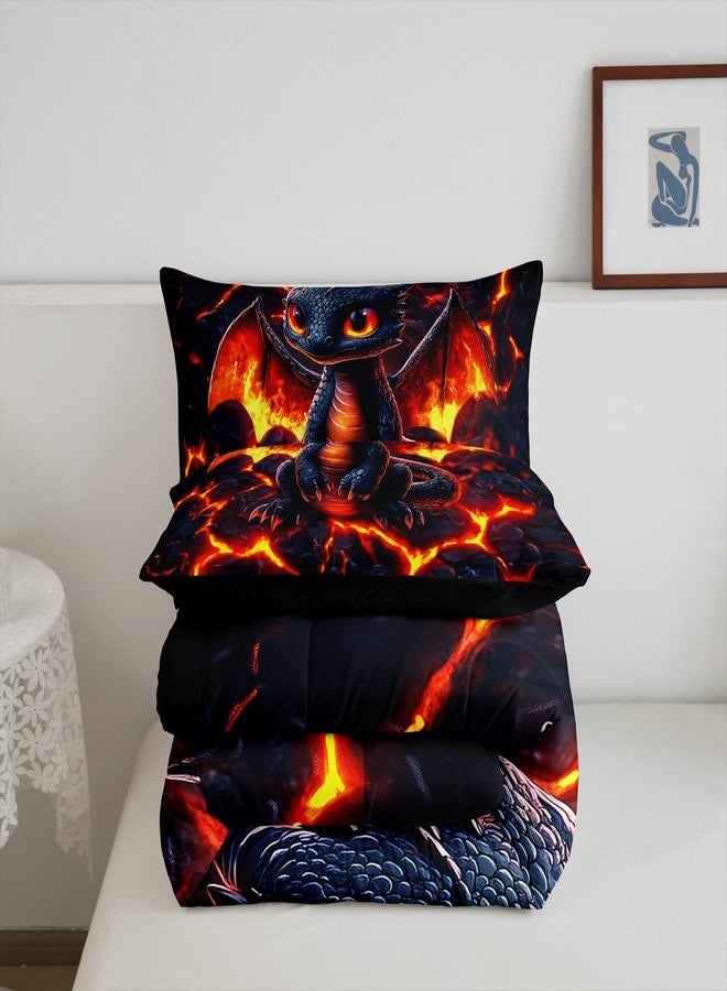 Man Fei Dragon Comforter Set Twin Size,Volcano Eruption 3D Red Lava Flame Print Bedding Set 2 Pcs for Boys Girls,Cute Black Dragon Mystic Animal Natural Disaster Down Comforter,1 Pillowcase - Image 5