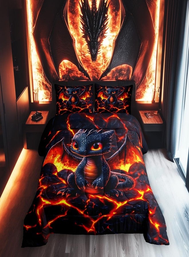 Man Fei Dragon Comforter Set Twin Size,Volcano Eruption 3D Red Lava Flame Print Bedding Set 2 Pcs for Boys Girls,Cute Black Dragon Mystic Animal Natural Disaster Down Comforter,1 Pillowcase - Image 1