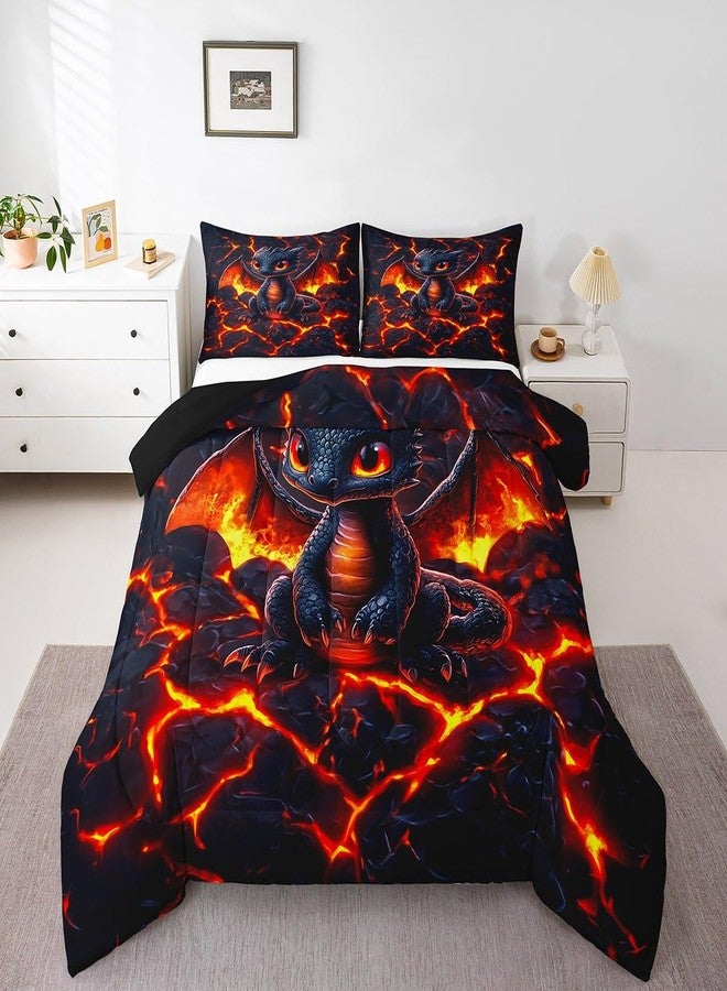 Man Fei Dragon Comforter Set Twin Size,Volcano Eruption 3D Red Lava Flame Print Bedding Set 2 Pcs for Boys Girls,Cute Black Dragon Mystic Animal Natural Disaster Down Comforter,1 Pillowcase - Image 3