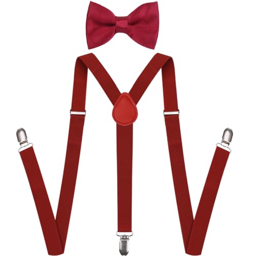 GUCHOL Wine Red Suspenders Bow Tie for Boys and Girls Adjustable Elastic Classic Accessory Sets Age 1 to 13 Year (Wine Red, 33 INCH (6-13 Year) - Image 1