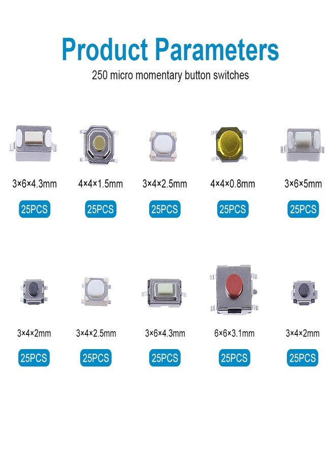 Serplex® 250pcs Push Button Switches Push Button Switch On Off Replacement Remote Control Button Replacements for Repairing with 10 Designs Micro Push Button Replacements with Box - Image 2