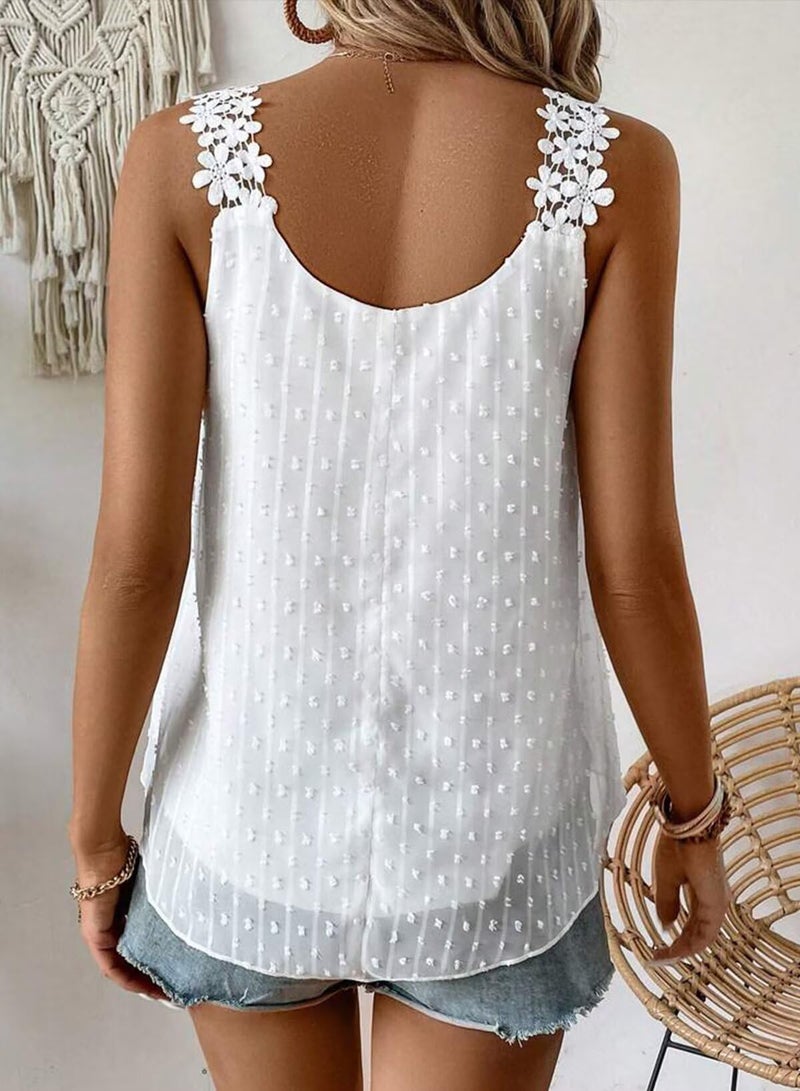 Falechay Spaghetti Strap Tank Top Petite Summer Tops Sleeveless White Eyelet Swiss Dot Tank Top for Women Lace Bohemian Womens Shirts Crew Neck Womens Fall Flowy Blouses Loose Tunic Tops L - Image 3