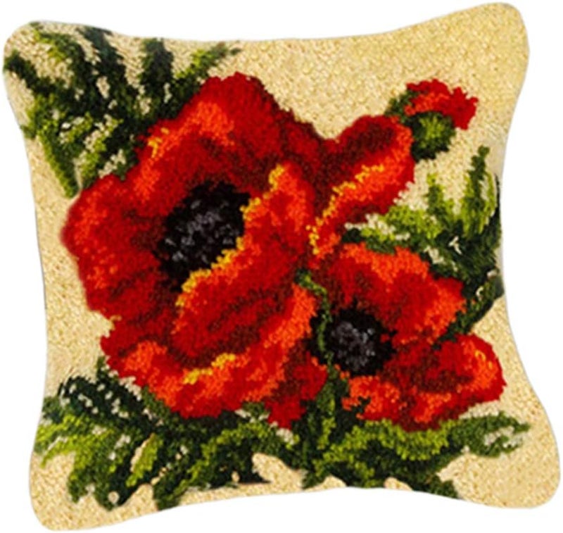 klarako Handmade Latch Hook Kits Cushion Cover Rug Making Kits DIY for Kids/Adults with Printed Canvas Pattern 17" X 17" Flower  Flower 7 - Image 1