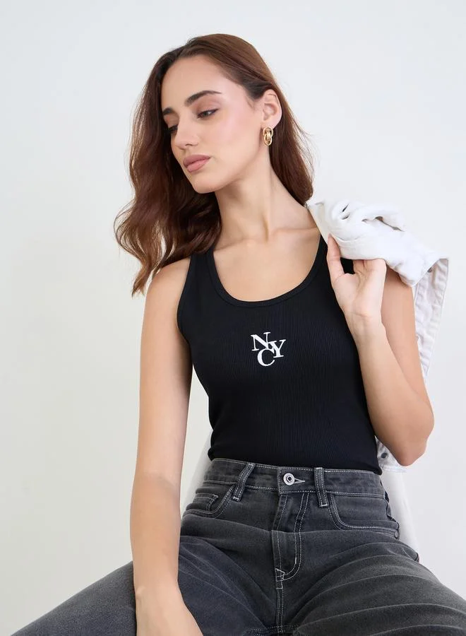 Styli Black Embroidered Ribbed Tank and Joggers Co-Ords