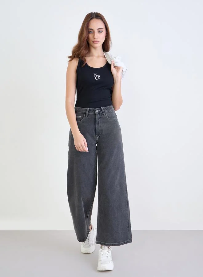 Styli Styli Black Embroidered Ribbed Tank and Joggers Co-Ords
