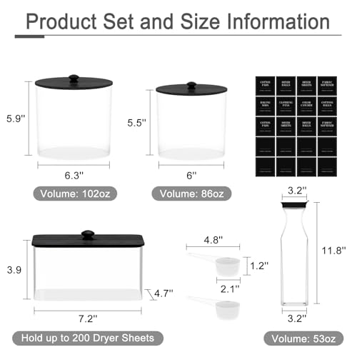 AIKAMI 3+1 Pack Laundry Pods Containers & Dryer Sheet Holder & Laundry Detergent Dispenser, Laundry Room Organization and Storage Jars with Lids, Labels and Scoops for Scent Booster Powder Pods, Black Lid - Image 2