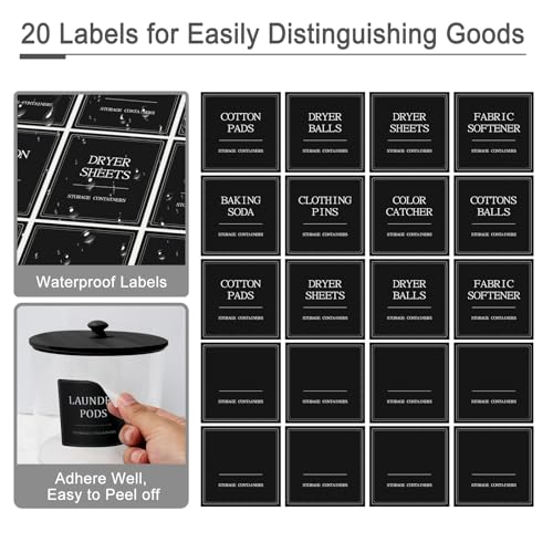 AIKAMI 3+1 Pack Laundry Pods Containers & Dryer Sheet Holder & Laundry Detergent Dispenser, Laundry Room Organization and Storage Jars with Lids, Labels and Scoops for Scent Booster Powder Pods, Black Lid - Image 4