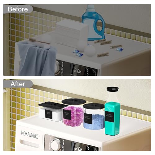 AIKAMI 3+1 Pack Laundry Pods Containers & Dryer Sheet Holder & Laundry Detergent Dispenser, Laundry Room Organization and Storage Jars with Lids, Labels and Scoops for Scent Booster Powder Pods, Black Lid - Image 3