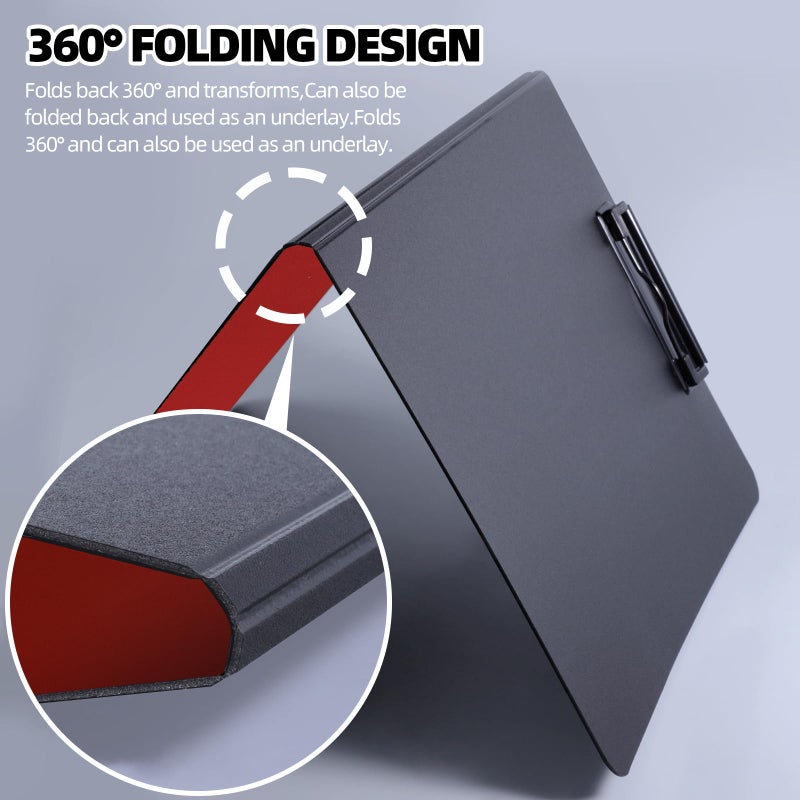 FRETONBA Clipboard Folder, A4 Foldable Clipboard with Horizontal and Vertical Double Metal Clips, 360 Degree Foldable Binder Clipboards with Pen Holder, File Cover Work Folder Clipboards, Red - Image 5