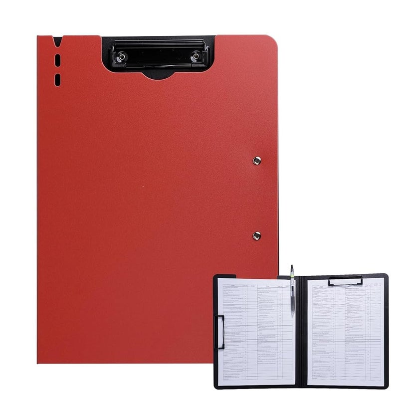 FRETONBA Clipboard Folder, A4 Foldable Clipboard with Horizontal and Vertical Double Metal Clips, 360 Degree Foldable Binder Clipboards with Pen Holder, File Cover Work Folder Clipboards, Red - Image 1