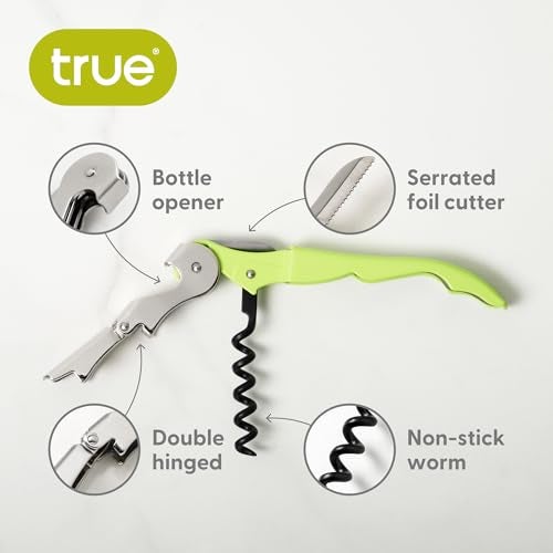 True Truetap Double Hinged Waiter's Corkscrew Wine Opener, Stainless Steel Wine Bottle Opener with Built In Foil Cutter, Home Bar Tools, Bar Cart Accessories, Wedding Gifts, Set of 1, Lime Green - Image 2