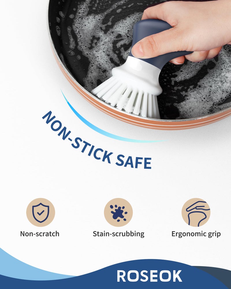 ROSEOK Dish Scrub Brush,Self-Standing Palm Brush with Ergonomic Grip for Cleaning Dishes,Non-Stick Pans and Sinks,Navy Blue,2 Pack - Image 4