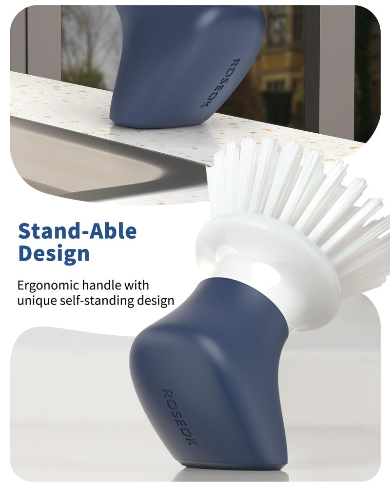 ROSEOK Dish Scrub Brush,Self-Standing Palm Brush with Ergonomic Grip for Cleaning Dishes,Non-Stick Pans and Sinks,Navy Blue,2 Pack - Image 2