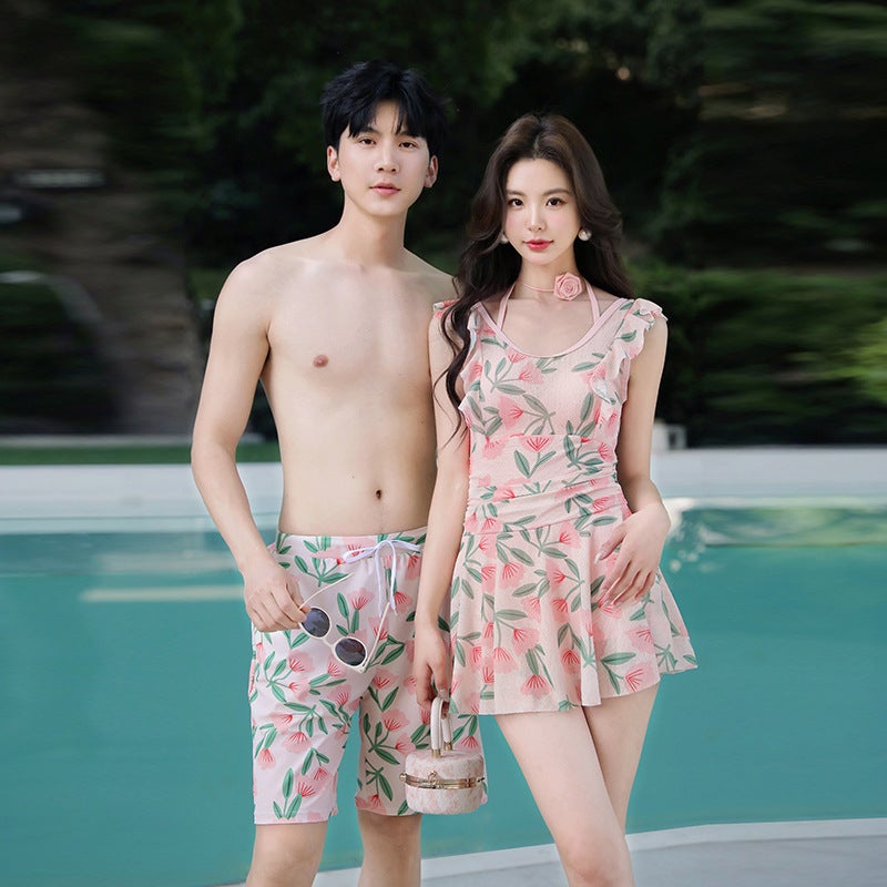 Couple Swimsuit Fashion Print Slimming Tummy Control Women'S Skirt-Style One-Piece Swimsuit Men'S Beach Shorts Couple Swimwear - Image 2