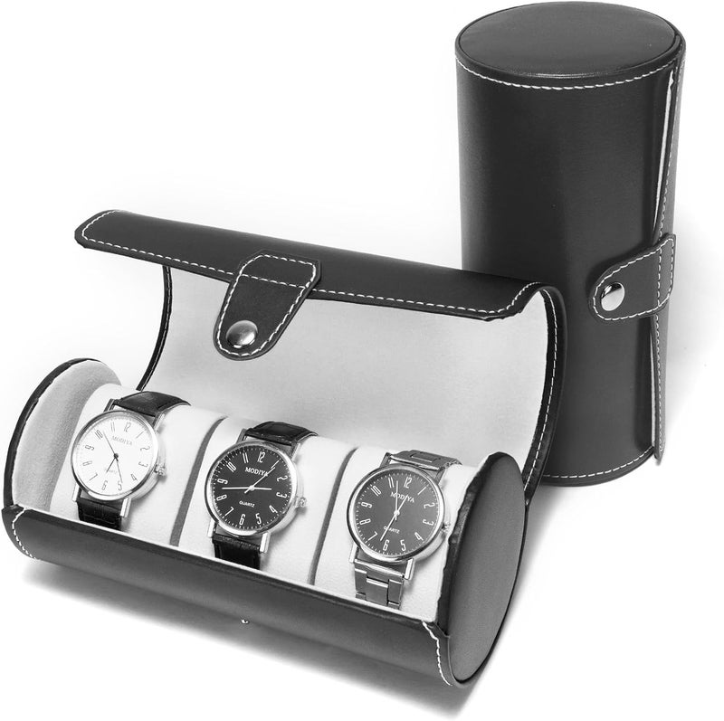 HYRAINBOW Watch Roll Travel Case – Faux Leather Storage for Men, 3-Slot Portable Holder with Soft Foam Pillows, Organizer Fits 60mm Watches (Black) - Image 1
