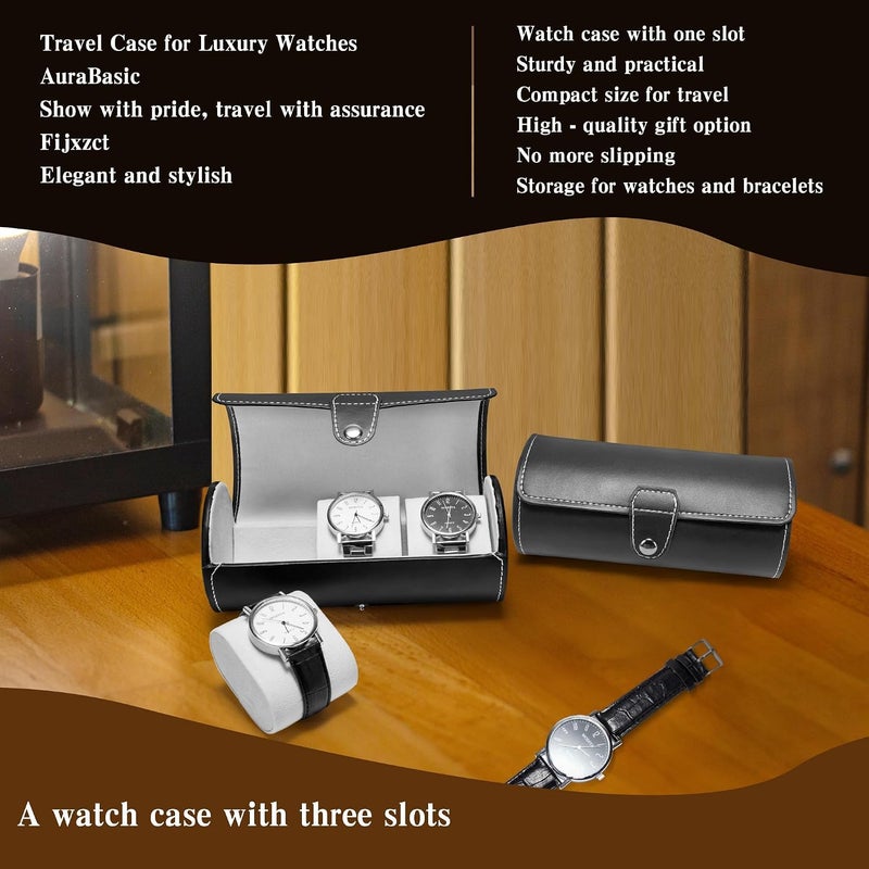 HYRAINBOW Watch Roll Travel Case – Faux Leather Storage for Men, 3-Slot Portable Holder with Soft Foam Pillows, Organizer Fits 60mm Watches (Black) - Image 3