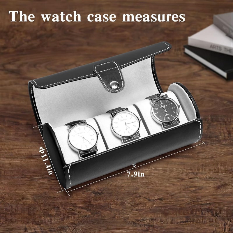 HYRAINBOW Watch Roll Travel Case – Faux Leather Storage for Men, 3-Slot Portable Holder with Soft Foam Pillows, Organizer Fits 60mm Watches (Black) - Image 2
