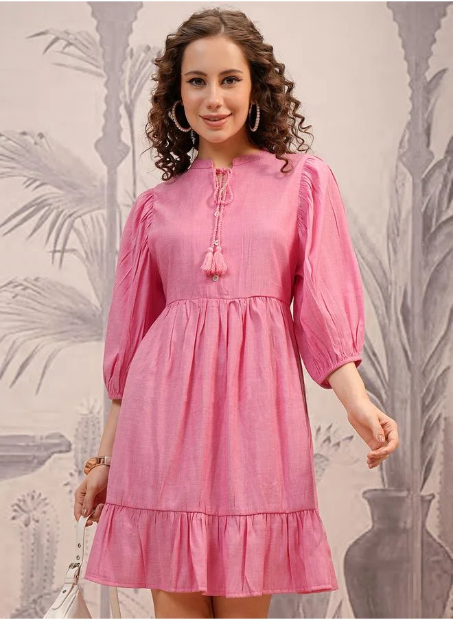 فيشود Vishudh Women Pink Solid Tie-Up Neck A-Line Mini Dress
