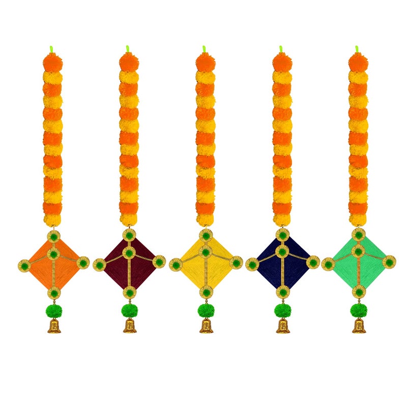 iHandikart iHandikart Marigold Garland Artificial with Kite in The Bottom Used for Festival DecorationOffice Home Diwali Decoration Size 45x25 Inches Colour Yellow Light Orange Pack of 5 315055K  - Image 1
