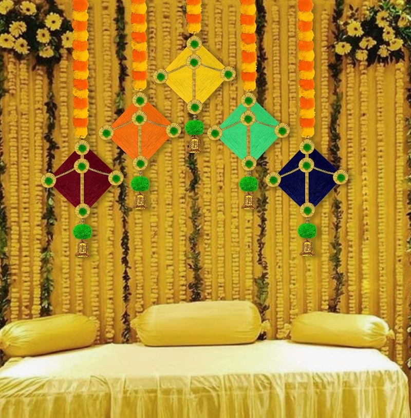 iHandikart iHandikart Marigold Garland Artificial with Kite in The Bottom Used for Festival DecorationOffice Home Diwali Decoration Size 45x25 Inches Colour Yellow Light Orange Pack of 5 315055K  - Image 2