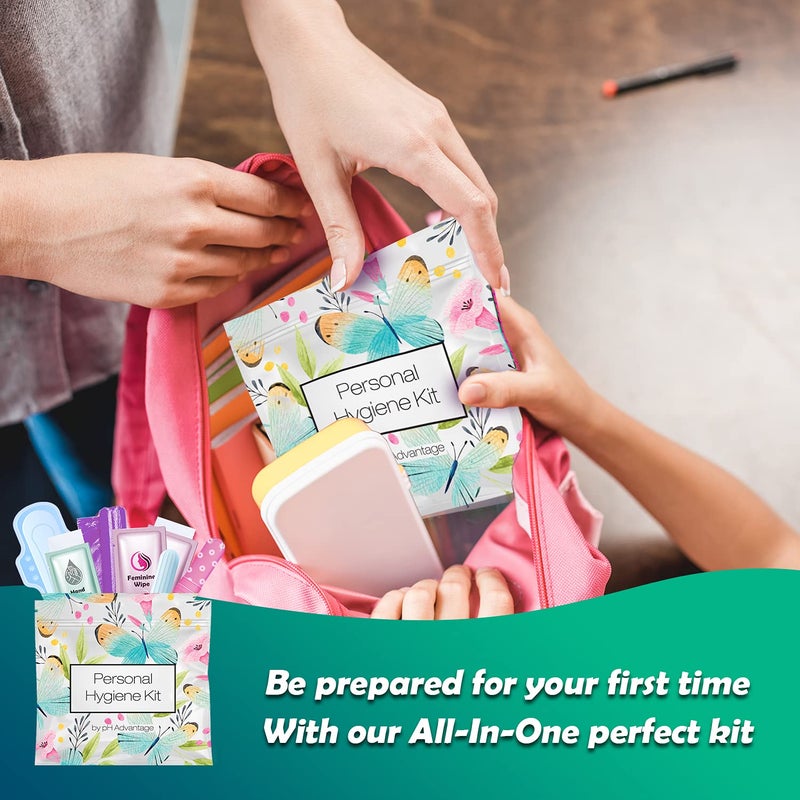 pH Advantage Menstrual Kit All-in-One | Convenience on The Go | Single Period Kit Pack for Travelling, Tweens & Teenagers | Individually Wrapped Feminine Hygiene Products (Butterflies) - Image 4