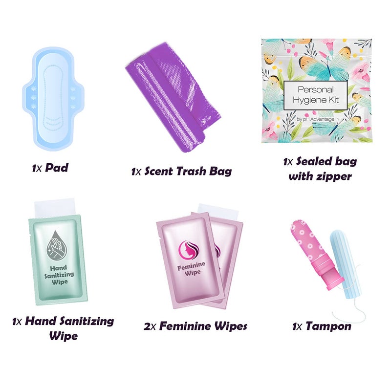 pH Advantage Menstrual Kit All-in-One | Convenience on The Go | Single Period Kit Pack for Travelling, Tweens & Teenagers | Individually Wrapped Feminine Hygiene Products (Butterflies) - Image 2