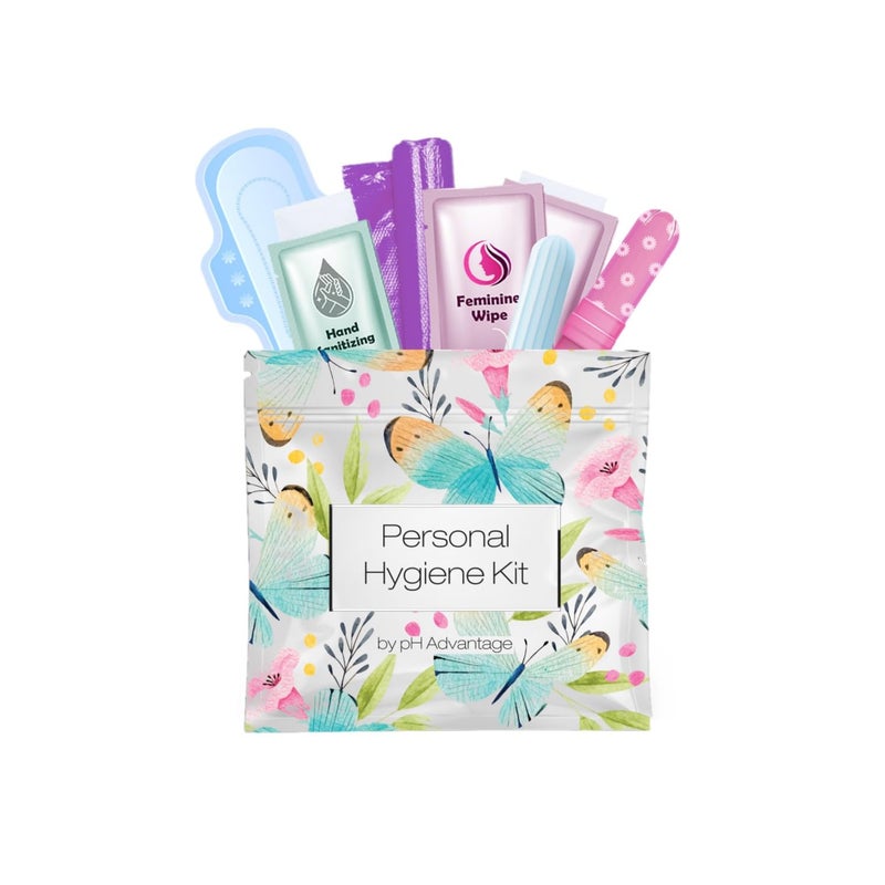 pH Advantage Menstrual Kit All-in-One | Convenience on The Go | Single Period Kit Pack for Travelling, Tweens & Teenagers | Individually Wrapped Feminine Hygiene Products (Butterflies) - Image 1