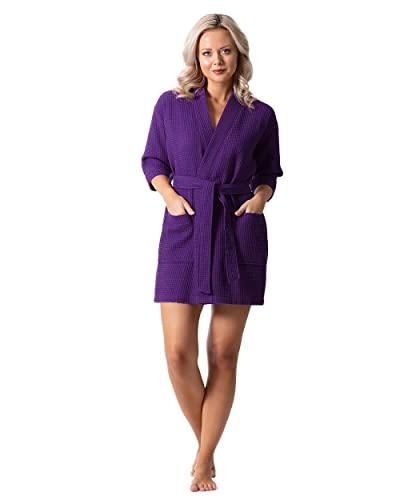 Turkish Linen Women's Knee Length Waffle Weave Kimono Bathrobe,Purple,One size - Image 5
