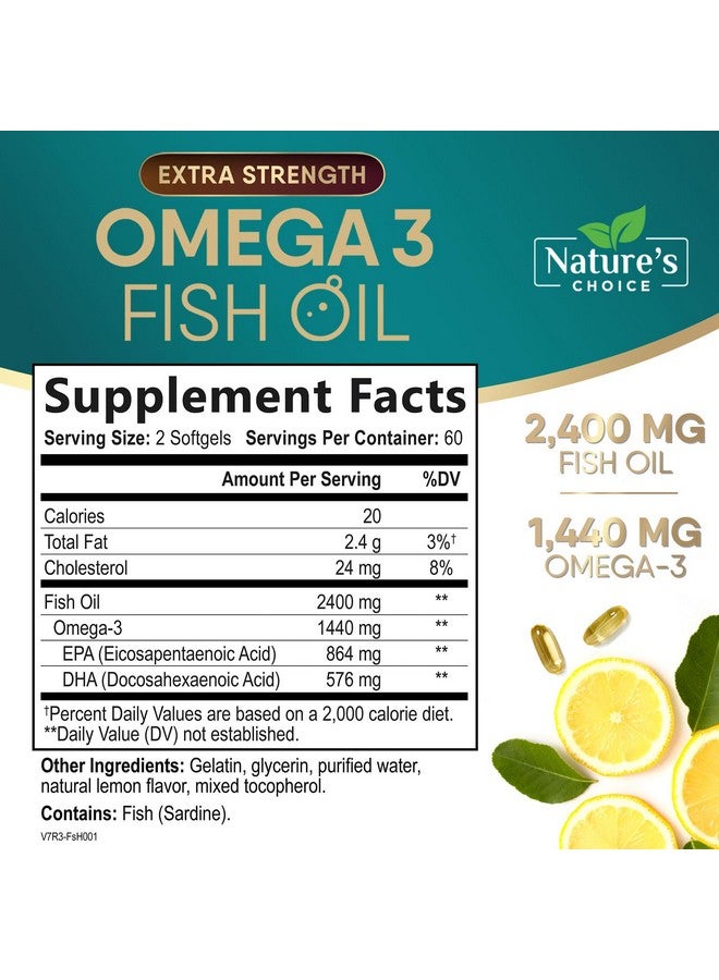 Nature's Choice مكمل زيت السمك أوميغا 3 بقوة ثلاثية، مكملات زيت السمك EPA و DHA للأحماض الدهنية الأساسية أوميغا 3، 2400 ملغ لدعم صحة الدماغ والقلب، خالي من الغلوتين، غير معدّل وراثيًا، 120 كبسولة - Image 2