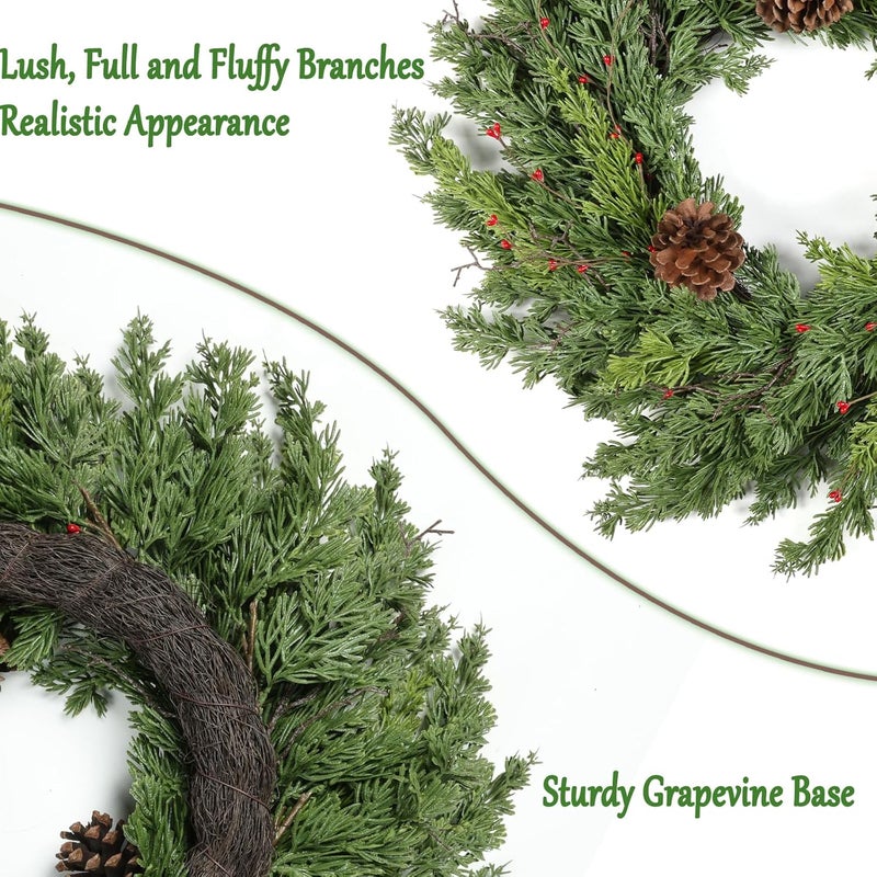 CHEAWRTZ 2PC Real Touch Pine Christmas Wreath 24 Inch Christmas Wreaths for Front Door Winter Wreath Artificial Green Wreaths Outdoor Christmas Decorations Indoor Outside Window Home Holiday Thanksgiving - Image 3
