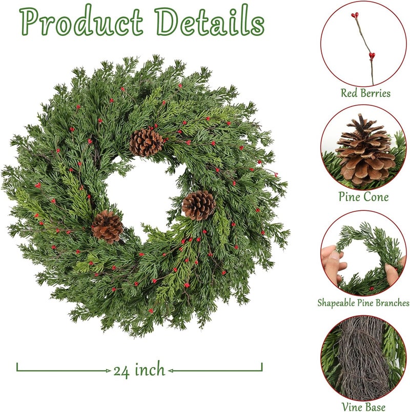CHEAWRTZ 2PC Real Touch Pine Christmas Wreath 24 Inch Christmas Wreaths for Front Door Winter Wreath Artificial Green Wreaths Outdoor Christmas Decorations Indoor Outside Window Home Holiday Thanksgiving - Image 4
