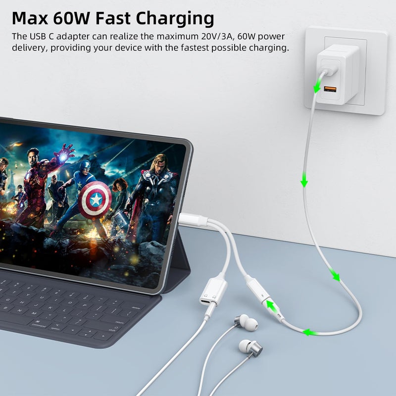 AreMe USB C Splitter 1 in 3 Out, USB C to 3.5mm Headphone and Charger Adapter, Dual Type C Aux Headphone Jack Dongle Cable Cord with PD 60W Fast Charging - Image 3