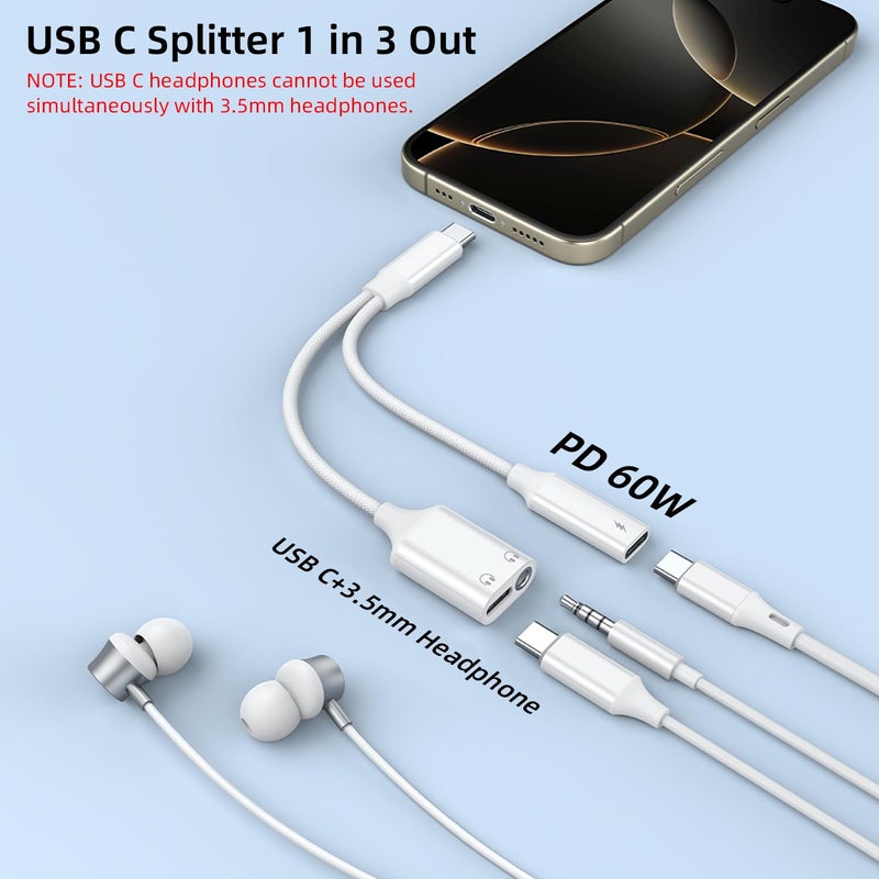 AreMe USB C Splitter 1 in 3 Out, USB C to 3.5mm Headphone and Charger Adapter, Dual Type C Aux Headphone Jack Dongle Cable Cord with PD 60W Fast Charging - Image 2