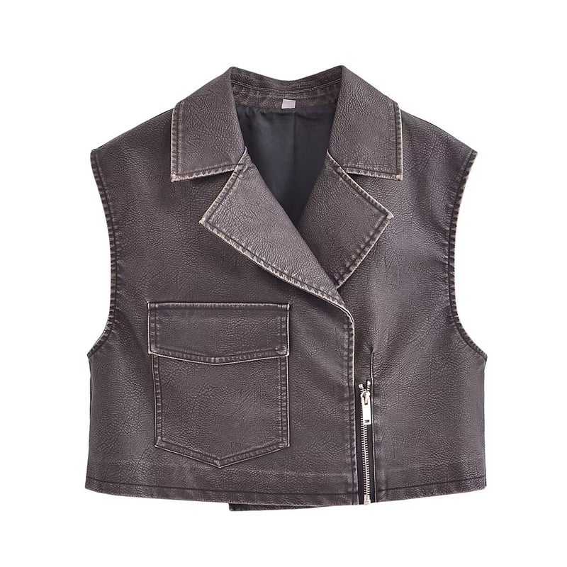 2024 spring new European and American cross-border Womens personalized washed faux leather vest + culottes suit 68449PU vest