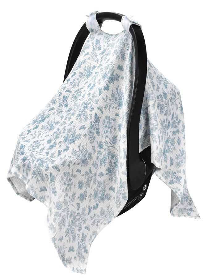 SERAPHY 100% Muslin Cotton Car Seat Covers for Babies, Universal Baby Car Seat Cover, Breathable Muslin Carseat Cover Canopies for Boys and Girls, Soft Infant Car Seat Cover for Summer - Blue Flowers - Image 1