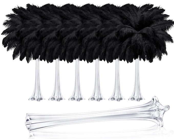 6 PCS EIFFEL TOWER VASES FOR CENTERPIECES WITH OSTRICH FEATHERS 20 INCH TALL SKINNY CLEAR GLASS EXTRA LARGE LONG FLOWER VASE FOR WEDDING FLOWER ARRANGEMENT HOME DECORATIONBLACK