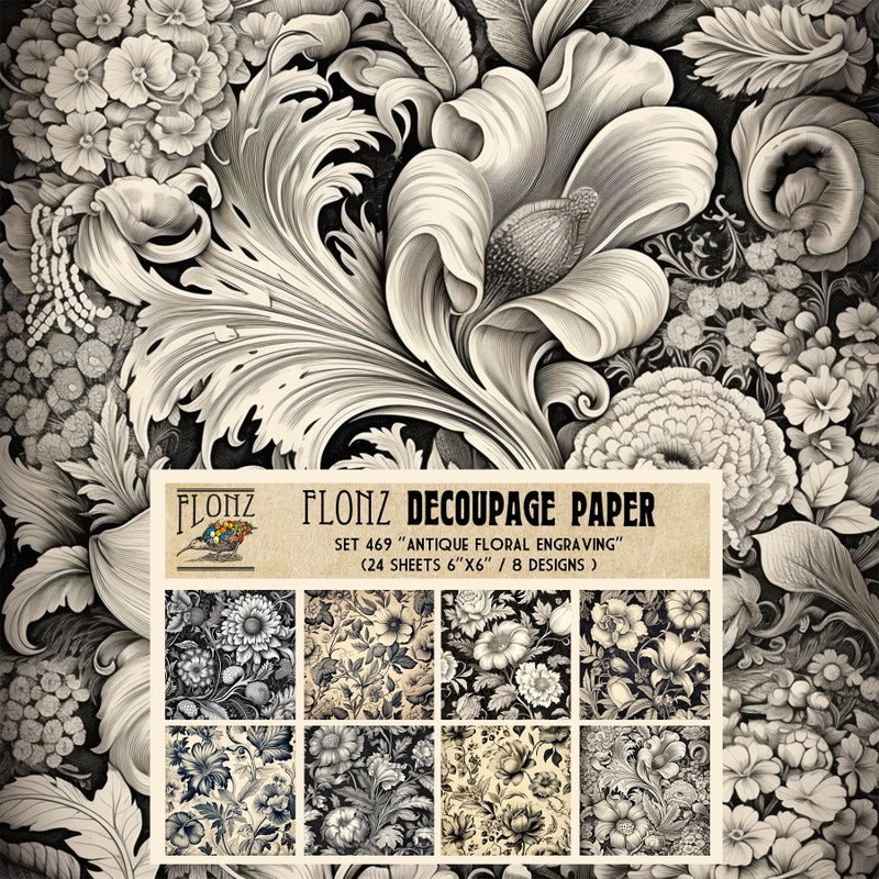Decoupage Paper Pack 24 Sheets 6x6 Antique Floral Engraving Vintage Styled Pattern Paper for Decoupage Craft and Scrapbooking